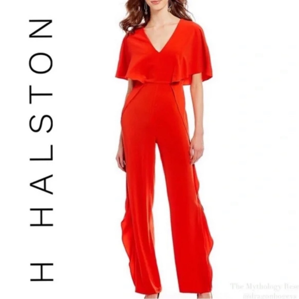 H Halston NWT Red Ruffled Cascading Flowy Classic & Timeless‎ Jumpsuit Size 8